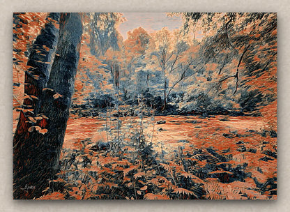 Wall art piece of a gloomy forest landscape with a river, in obscure orange tones.