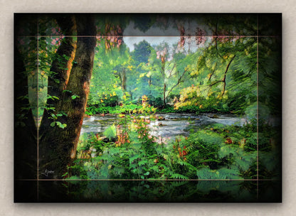 Unframed wall art piece of a lush forest scene with a river.
