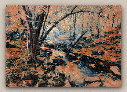 Painting of an intriguing forest scene with exuberant vegetation and a stream, in dark orange hues.