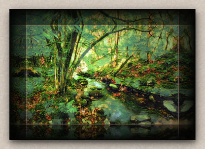 Unframed wall artwork of a forest scene with exuberant vegetation and a stream.