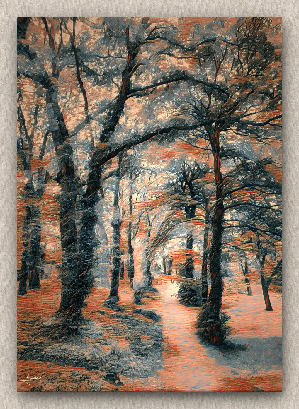 Painting in portrait orientation and orange tones of a forest scene with eerie trees and a path