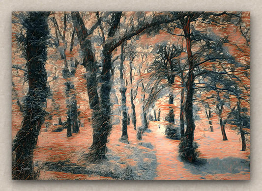 Painting in landscape orientation and orange tones of a forest scene with eerie trees and a path