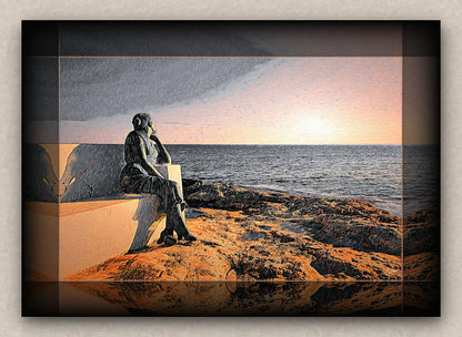 Seascape artwork depicting a statue of a woman sitting on a bench overlooking the ocean at sunrise.