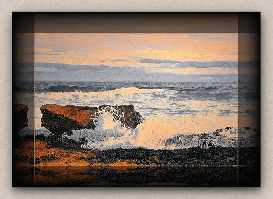 Artwork of an ocean scenery with rough sea and rocks