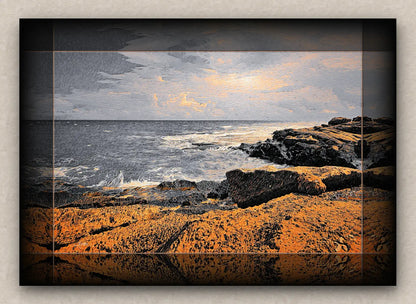 Artwork of a seascape with rocks and water.