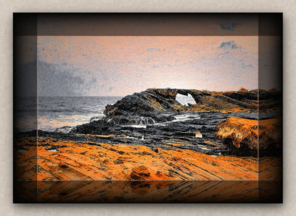 Artwork of a maritime landscape with rocks and ocean.