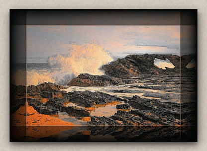 Artwork of a coastal scene with waves crashing against rocks.