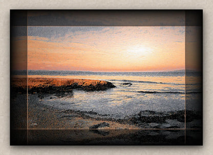 Seascape artwork of a dawn over a rocky coastline, with a black border.