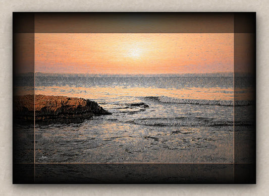 Seascape artwork of a sunrise over the ocean with rocks and waves in the foreground.