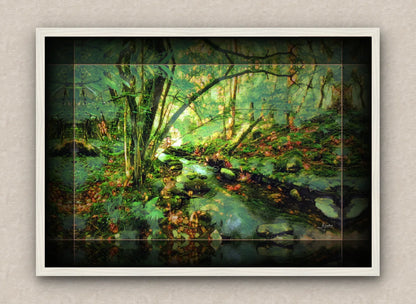 White framed wall art painting of a lush forest scenery with a stream.
