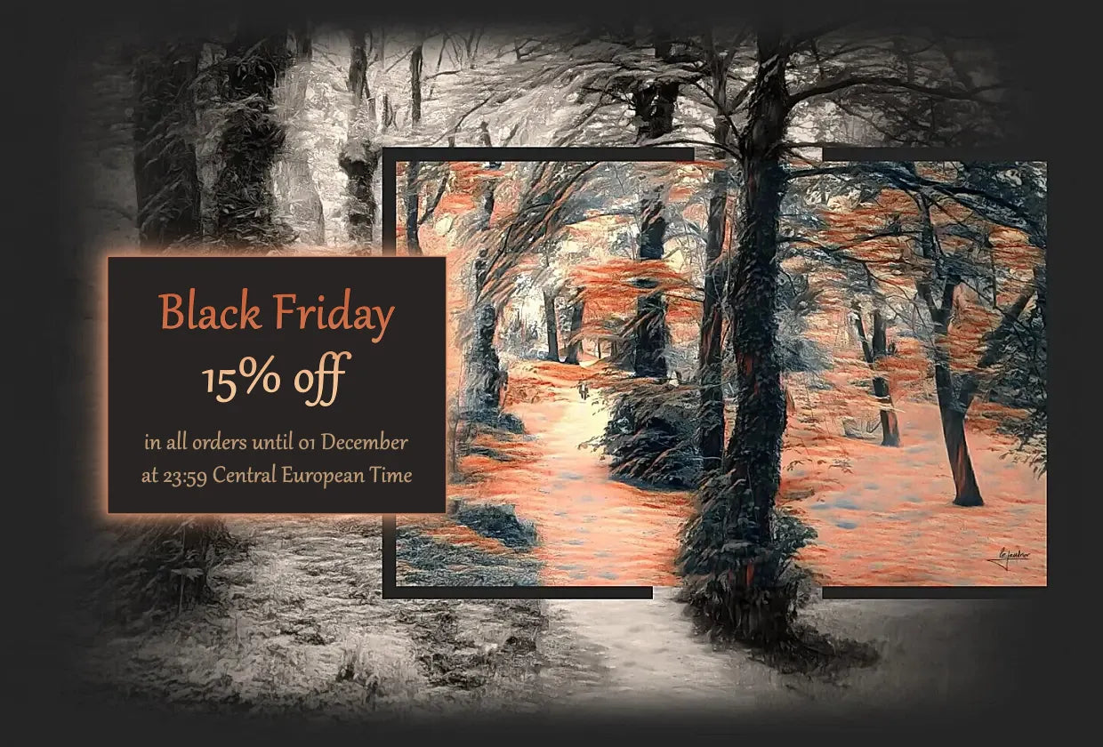 Framed artwork of a forest scene with a Black Friday discount label.