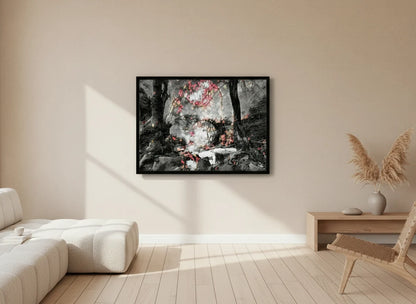 Winter scenery artwork featuring a snowy forest with an arch bridge in a modern living room