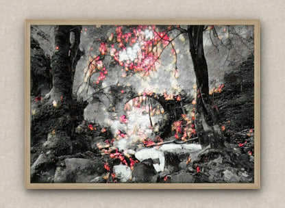 Winter scene wall art framed in oak featuring a snowy forest with lush vegetation and an arch bridge