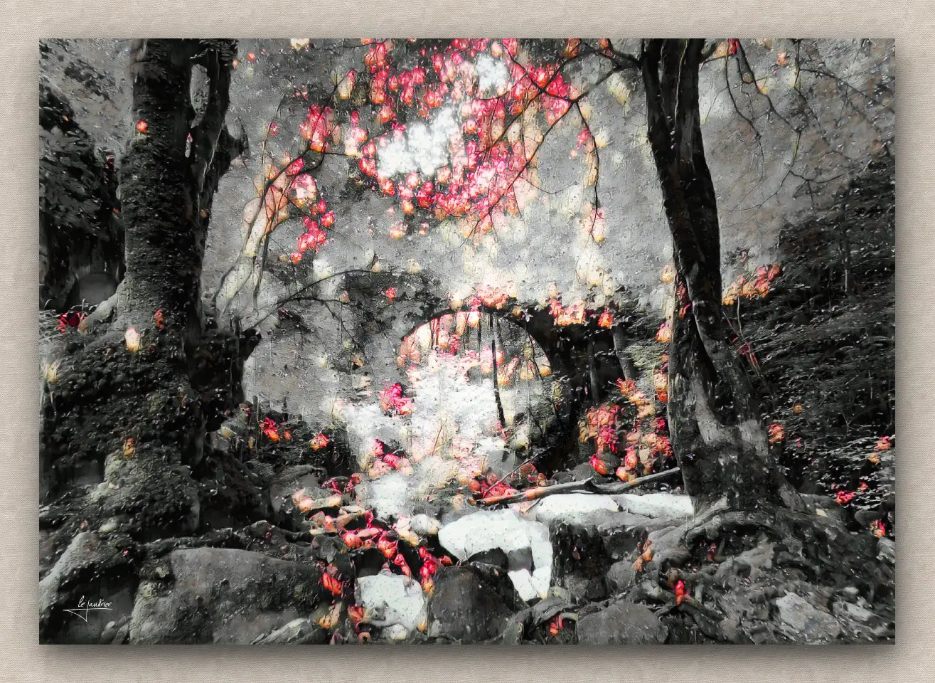 Winter landscape painting featuring a snowy forest with lush vegetation and an arch bridge