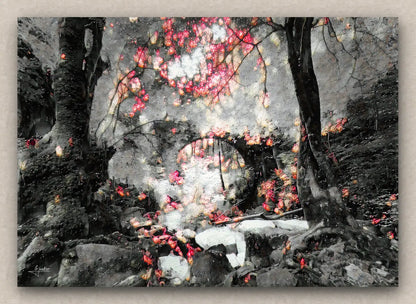 Winter landscape painting featuring a snowy forest with lush vegetation and an arch bridge