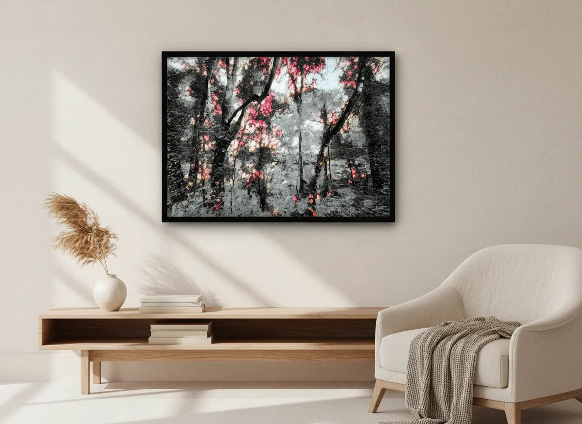 Winter scene wall art featuring a snowy forest with lush vegetation in a modern living room