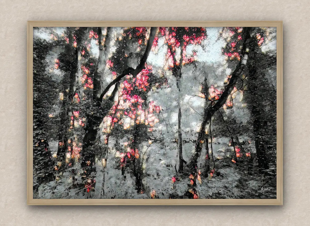 Winter scene wall art framed in oak featuring a snowy forest with lush vegetation