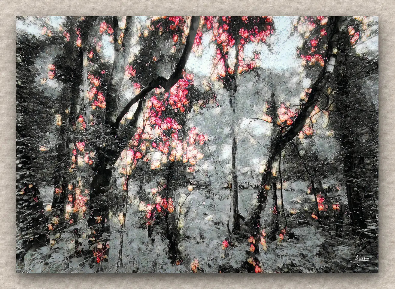 Winter landscape painting featuring a snowy forest with lush vegetation