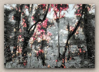 Winter landscape painting featuring a snowy forest with lush vegetation