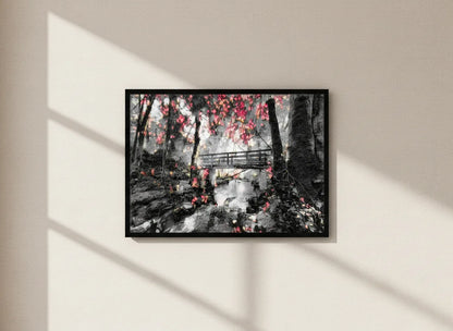 Winter scenery artwork featuring a snowy forest with a bridge over a river on a beige wall