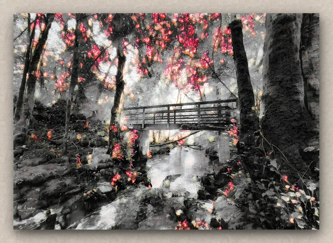 Winter landscape artwork featuring a snowy forest with lush vegetation and a bridge over a stream
