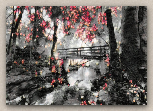 Winter landscape artwork featuring a snowy forest with lush vegetation and a bridge over a stream