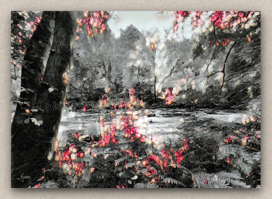 Winter landscape artwork featuring a snowy forest with lush vegetation and a river