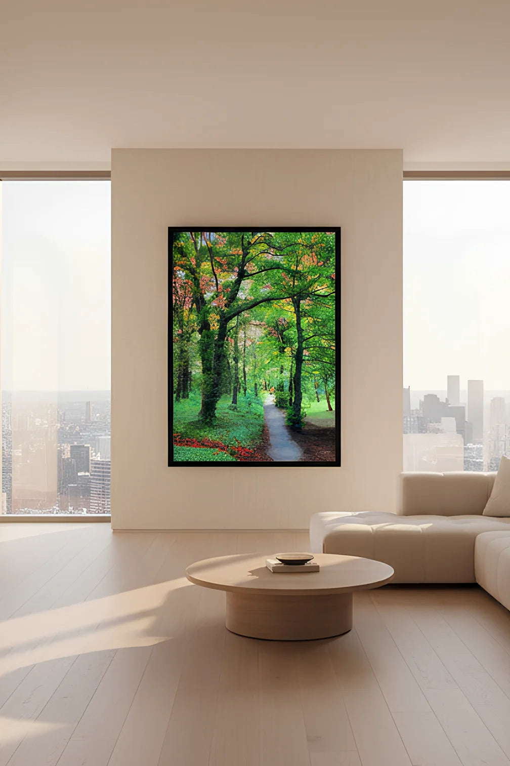 Framed artwork of a landscape in portrait on a beige wall in a modern room with a sofa and a coffee table