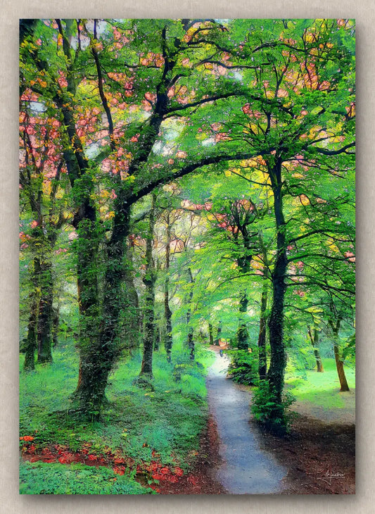 Landscape in portrait of a forest path with trees and flowers