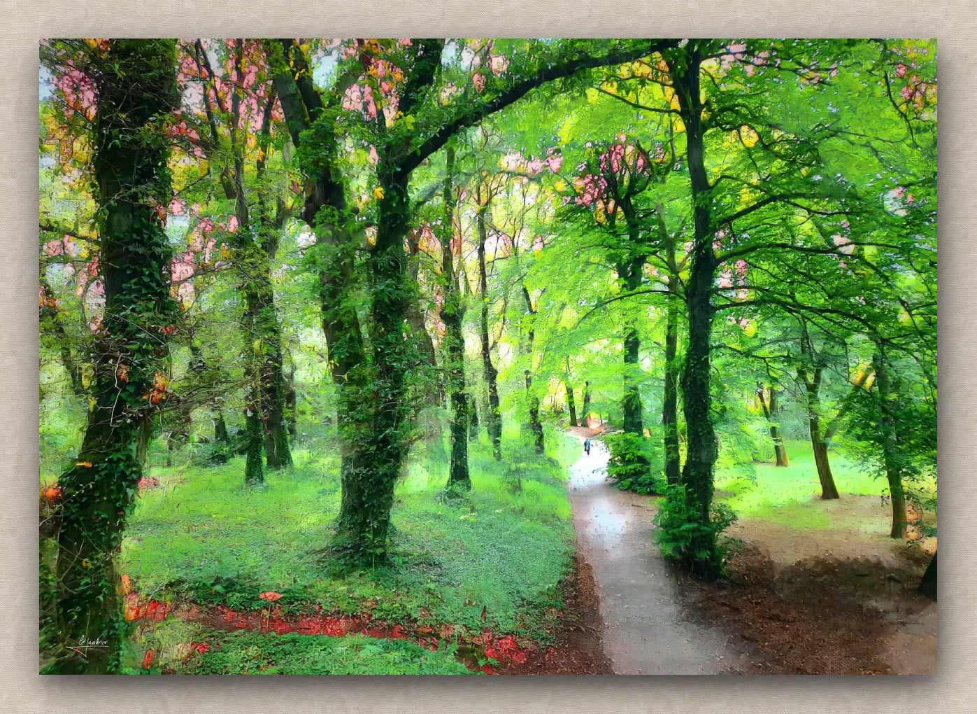Impressionist painting of a lush green forest with a path and flowers.