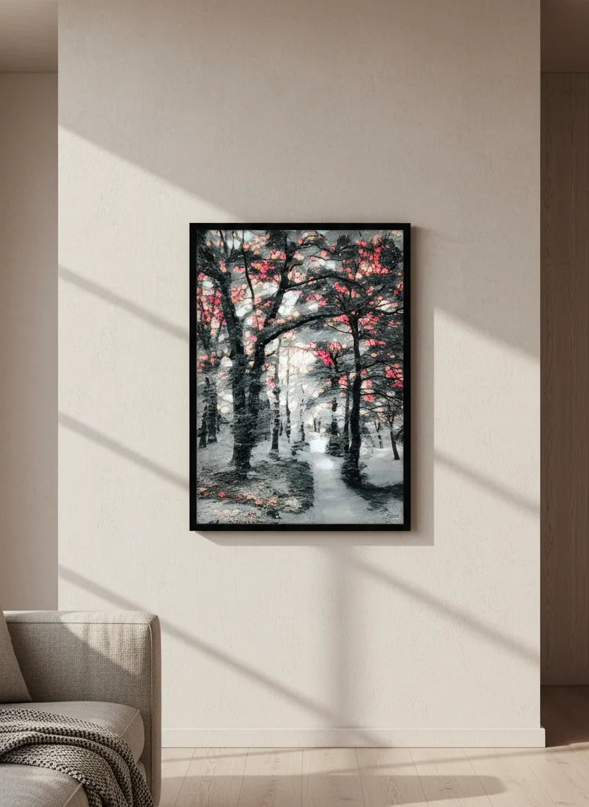 Winter scene wall art in portrait featuring a snowy forest in a living room