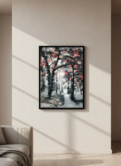Winter scene wall art in portrait featuring a snowy forest in a living room