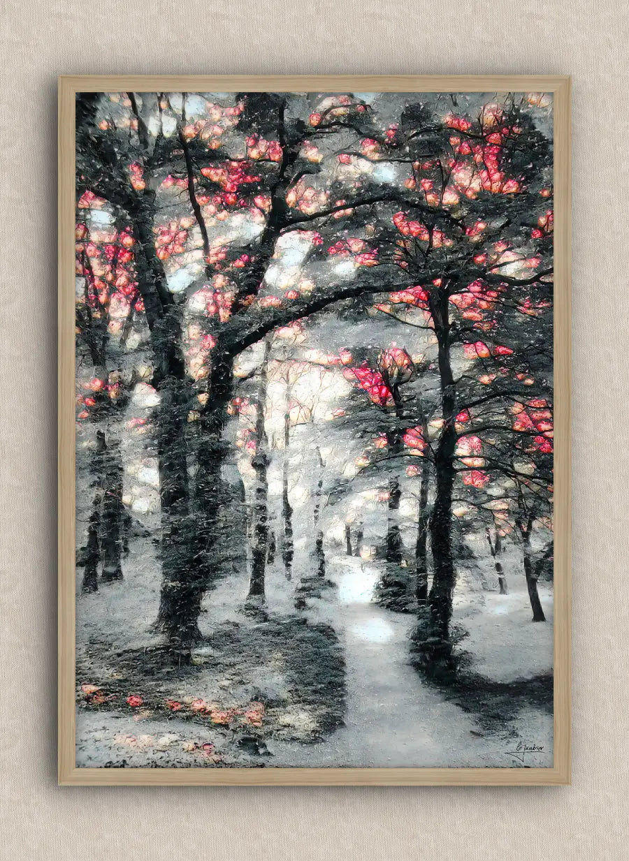 Winter scene wall art in portrait featuring a snowy forest, with an oak frame