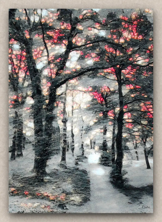 Winter landscape painting in portrait featuring a snowy forest