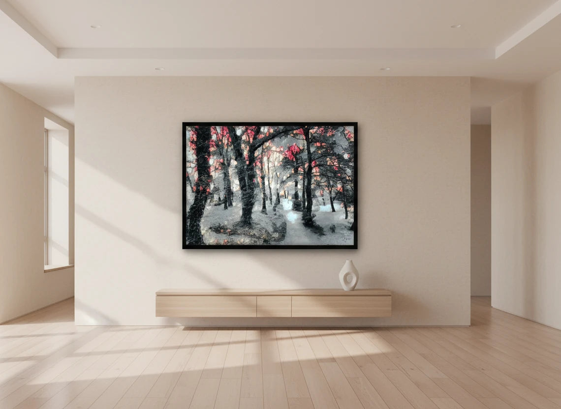 Winter scene wall art featuring a snowy forest in a modern living room