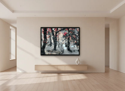 Winter scene wall art featuring a snowy forest in a modern living room