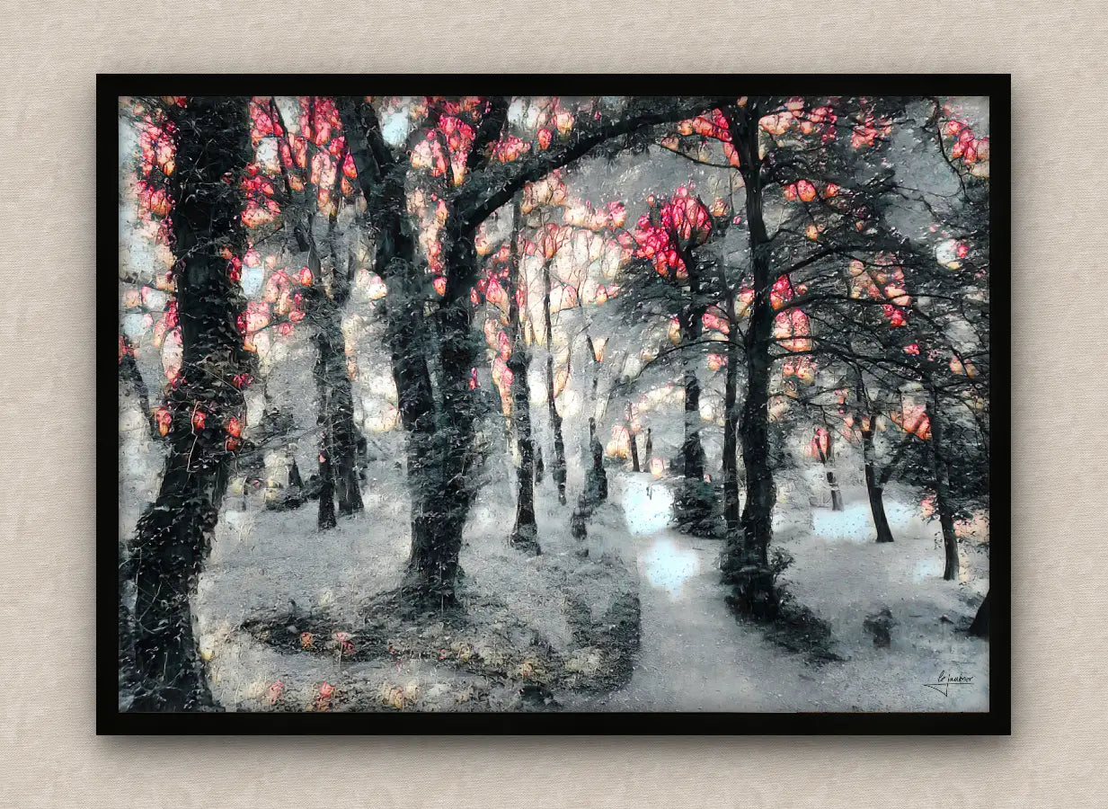 Winter scene wall art featuring a snowy forest, with a black frame