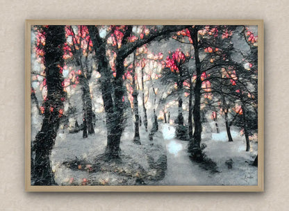 Winter scene wall art featuring a snowy forest, with an oak frame