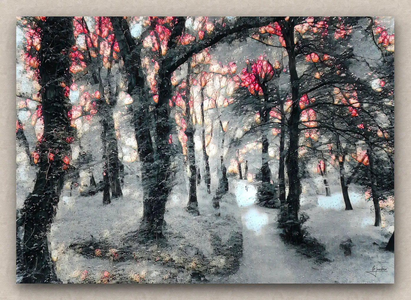 Winter landscape painting featuring a snowy forest