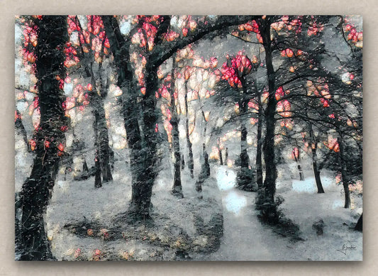 Winter landscape painting featuring a snowy forest