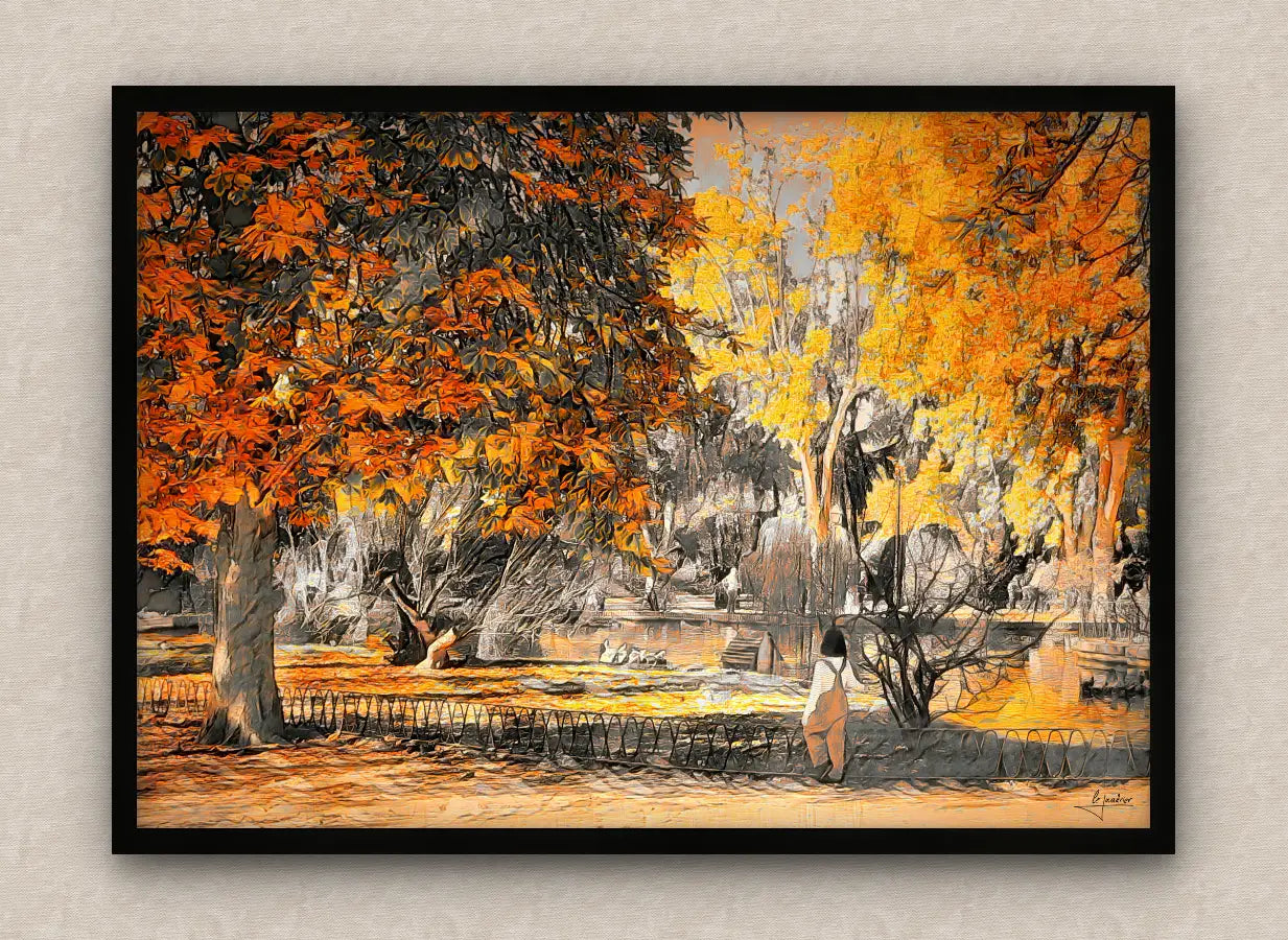 Black framed painting of a park scene with autumn trees and a person staring at a pond