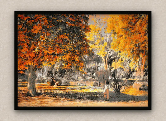 Black framed painting of a park scene with autumn trees and a person staring at a pond