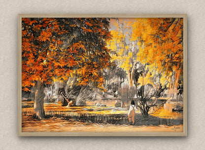 Oak framed painting of a park scene with autumn trees and a person staring at a pond