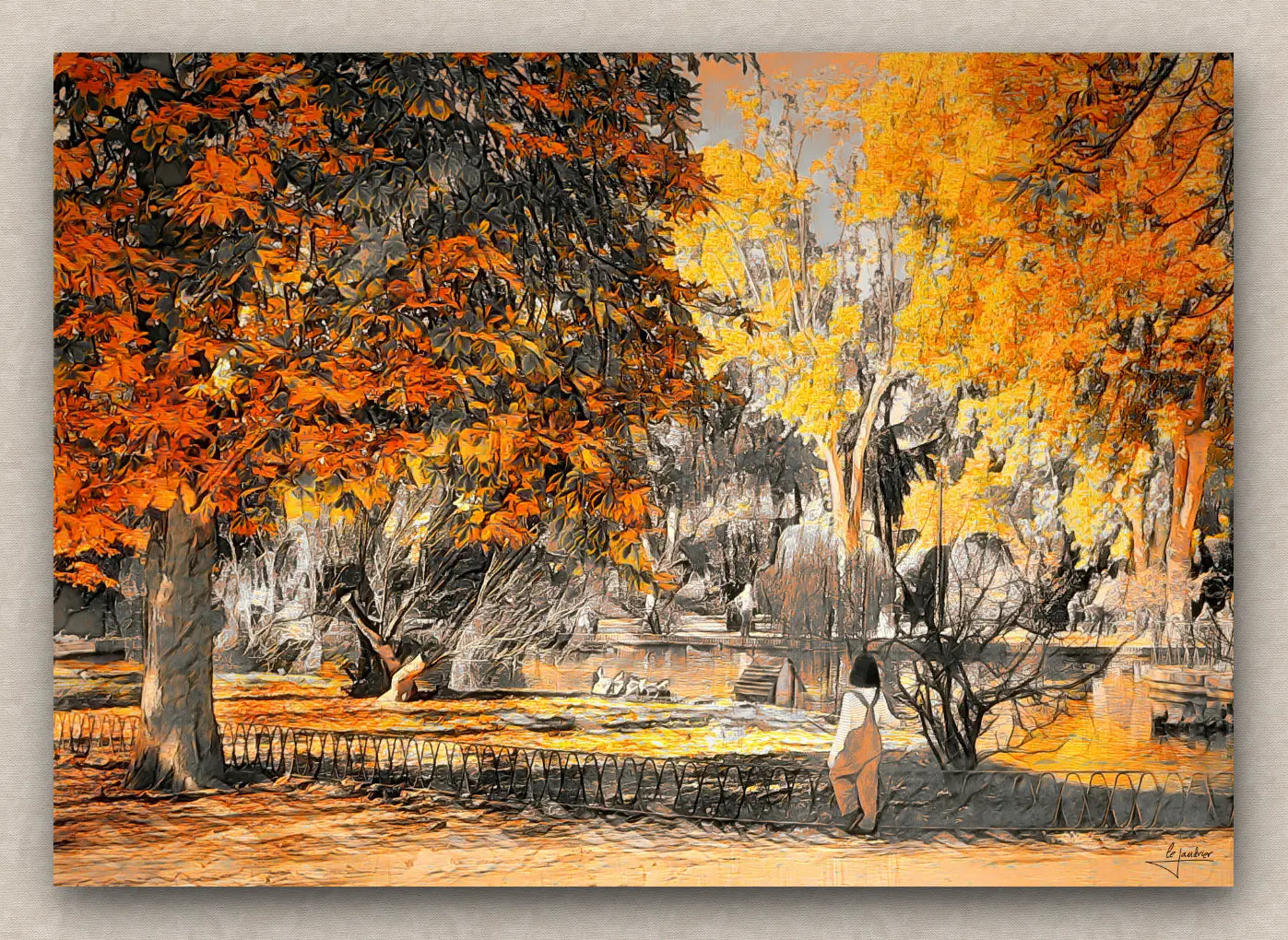 Artistic depiction of a park scene with autumn trees and people.