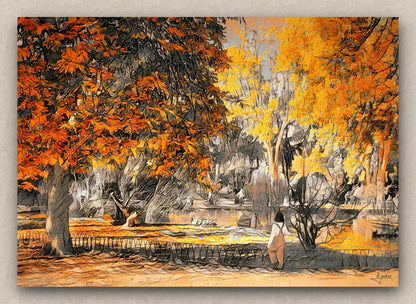 Artistic depiction of a park scene with autumn trees and people.