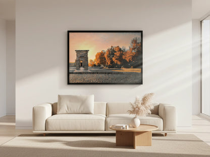 Modern living room with a beige sofa, wooden coffee table, and framed artwork on the wall.