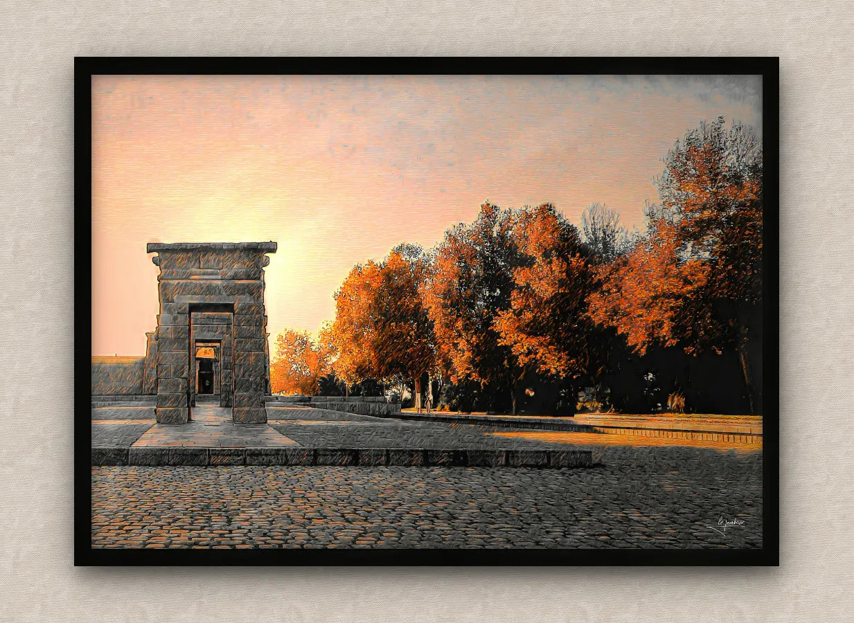 Artwork of the Temple of Debod with autumn trees in Madrid, with black frame