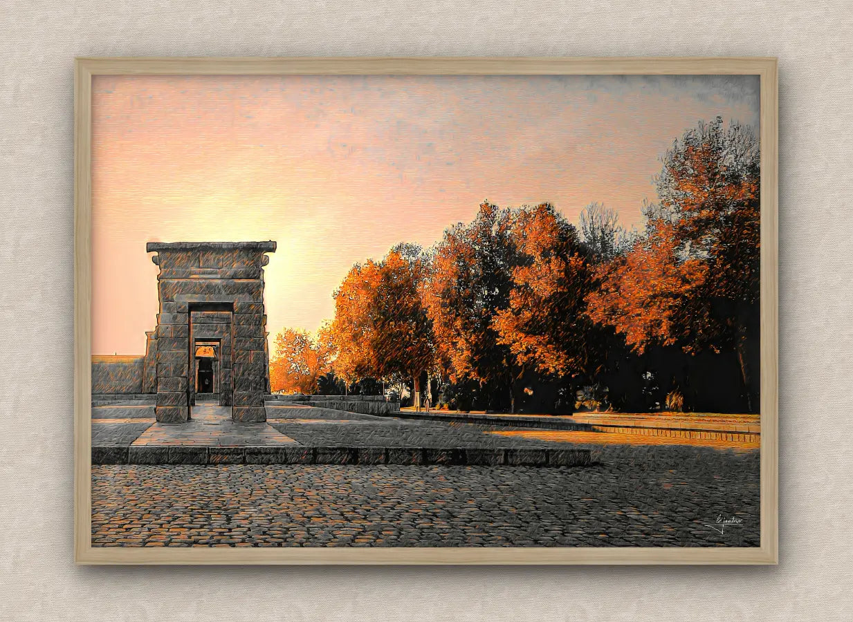 Artwork of the Temple of Debod with autumn trees in Madrid, with oak frame