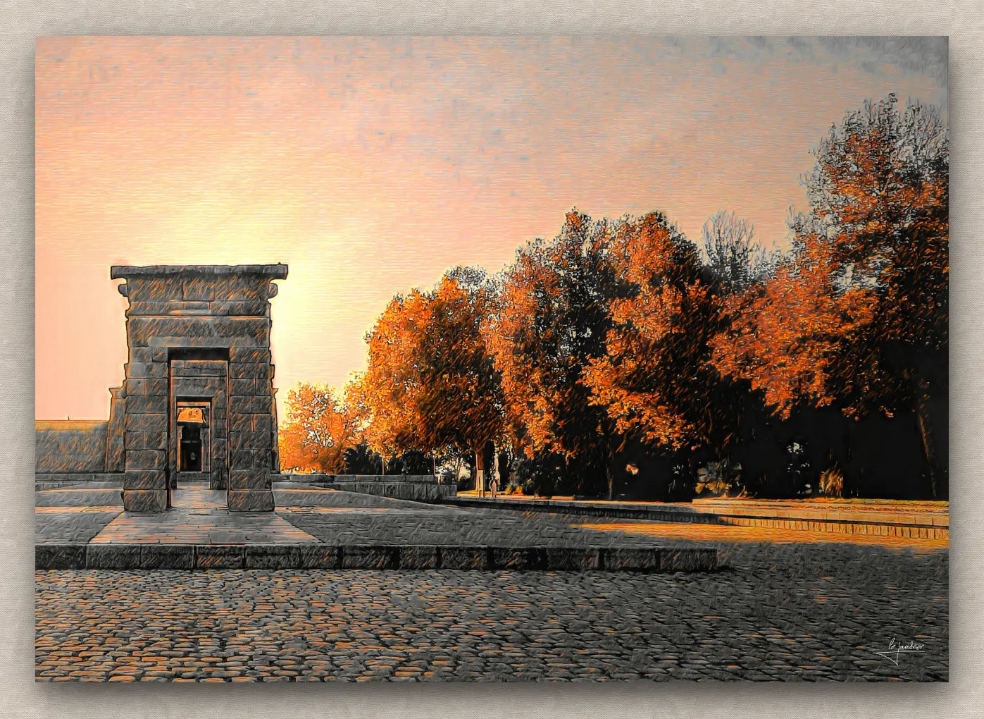 Painting of the Temple of Debod with autumn trees in Madrid, Spain