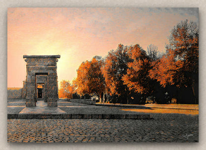 Painting of the Temple of Debod with autumn trees in Madrid, Spain